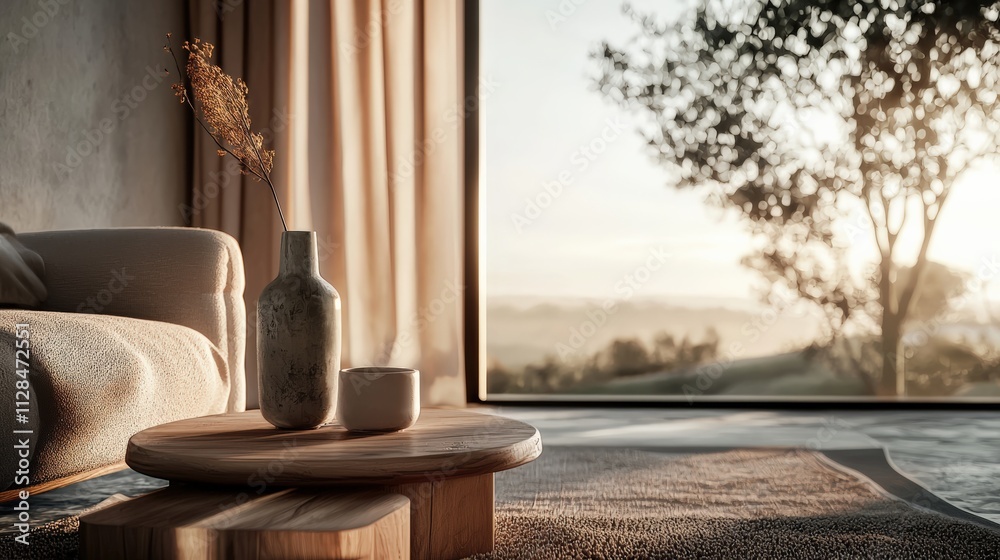 Minimalist natural interiors with earthy tones: Mocha Mousse, Caramel Beige, Sandstone, and Warm Ivory, featuring light wood, textured ceramics, and soft fabrics