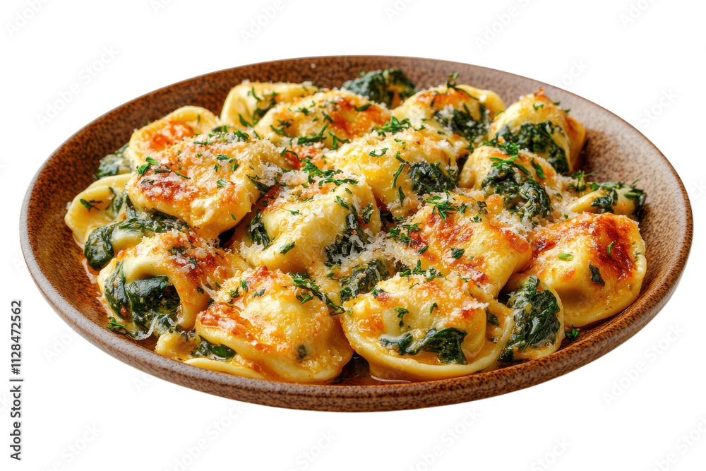 Delicious tortellini pasta with spinach and cheese served in a rustic bowl Delicious tortellini pasta with spinach and cheese served in a rustic bowl