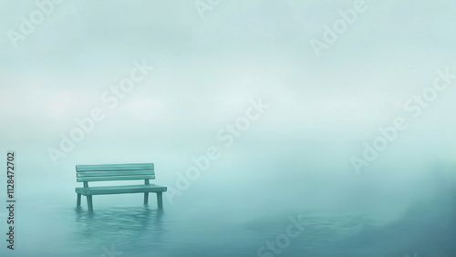 One bench is placed in the ocean. Illustrations that look like a scene from an anime or game background. Blue sky, sun, clouds, sunset, night, fog, snow, rain, autumn, etc. photo