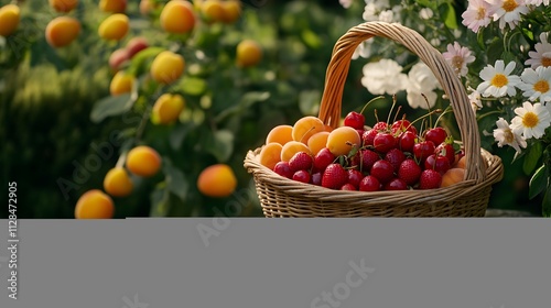 A wicker basket holds ripe apricots strawberries and cherries