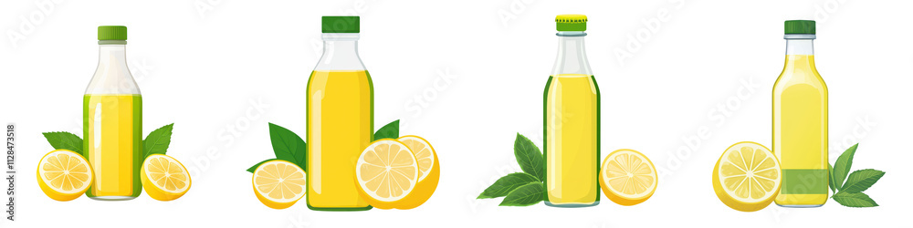 Closeup of freshly squeezed lemon juice in transparent glass bottles with green leaves representing a healthy refreshing and organic beverage for a summer lifestyle or detox diet Closeup of freshly squeezed lemon juice in transparent glass bottles with green leaves representing a healthy refreshing and organic beverage for a summer lifestyle or detox diet