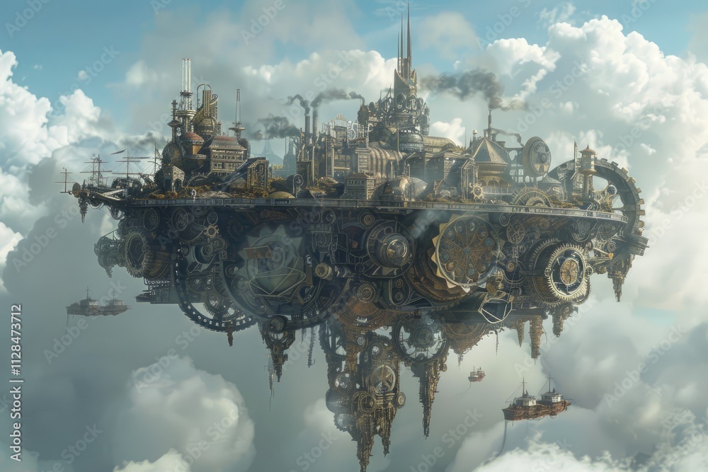 A steampunk city floats among the clouds A steampunk city floats among the clouds