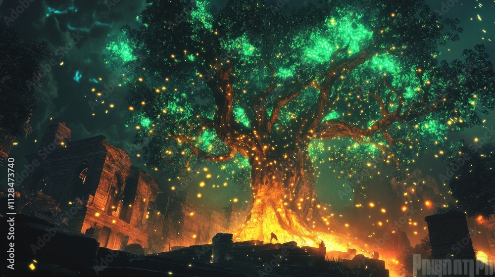 Obraz premium A mystical tree glows amidst ruins, surrounded by floating lights and an enchanting atmosphere.