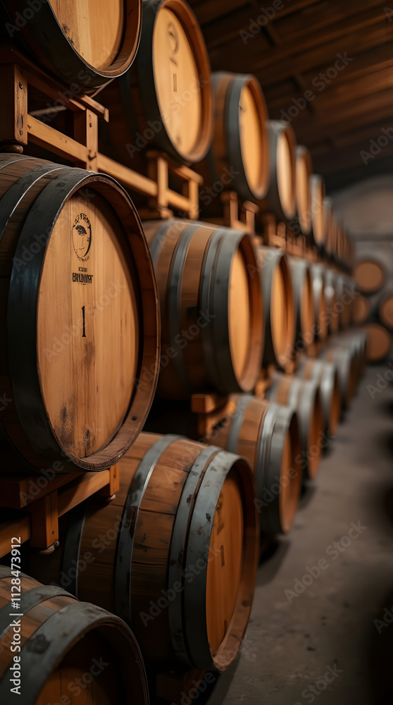 Oak barrels for wine or cognac storage, neatly stacked in a cool cellar of a distillery. Traditional production of craft beer or brandy. Winery and winemaking process. Wine aging in barrels. Ideal bac Oak barrels for wine or cognac storage, neatly stacked in a cool cellar of a distillery. Traditional production of craft beer or brandy. Winery and winemaking process. Wine aging in barrels. Ideal bac