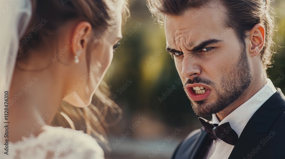 Dramatic close-up of tense moment between bride and groom. Wedding photography capturing conflict or passionate emotion with sharp facial expressions and natural lighting Dramatic close-up of tense moment between bride and groom. Wedding photography capturing conflict or passionate emotion with sharp facial expressions and natural lighting