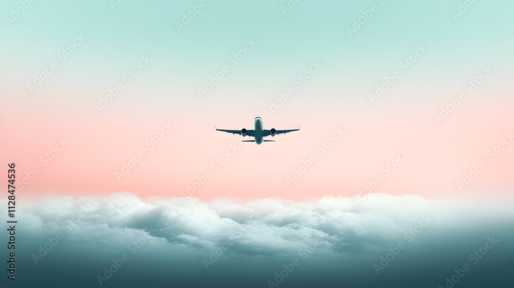 An illustration of a single plane flying above a smooth ocean, with abstract clouds and soft pastel skies. Minimalist plane flying above ocean. An illustration of a single plane flying above a smooth ocean, with abstract clouds and soft pastel skies. Minimalist plane flying above ocean.
