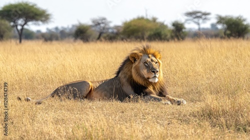 Majestic male lion resting in golden savanna grass. photo