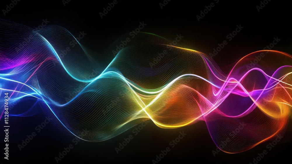 Abstract waves of color and light on a black background, representing sound or energy. Abstract waves of color and light on a black background, representing sound or energy.