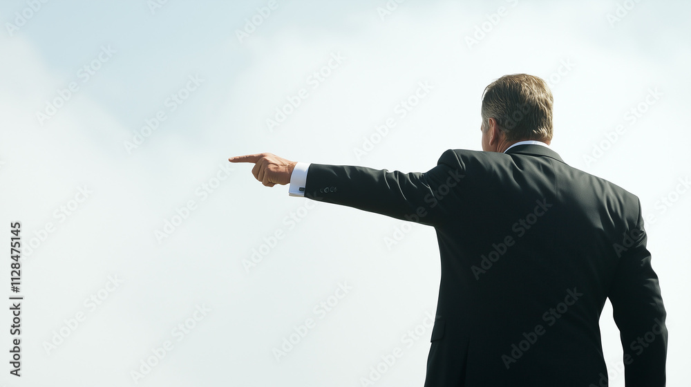 Visionary Leader: A businessman in a suit, seen from behind, points towards a bright, hopeful sky, symbolizing guidance and future opportunities. Visionary Leader: A businessman in a suit, seen from behind, points towards a bright, hopeful sky, symbolizing guidance and future opportunities.