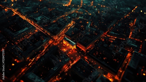 Aerial view of a city at dusk, illuminated by warm lights and a dramatic atmosphere.