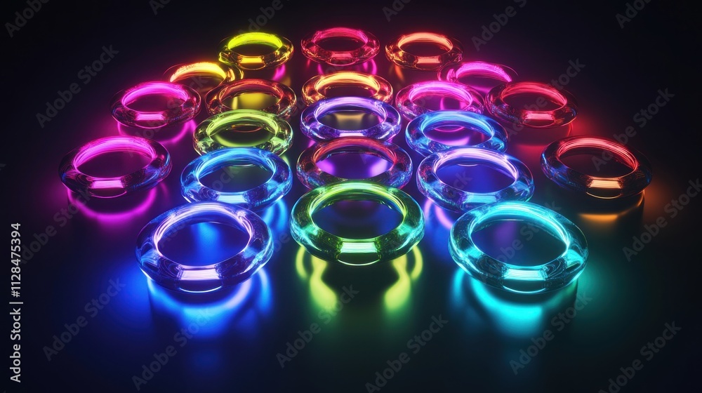 A vibrant arrangement of illuminated rings in various colors on a dark background. A vibrant arrangement of illuminated rings in various colors on a dark background.