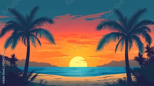 Evening on the beach with palm trees. An evening on the beach with palm trees. Colorful picture for rest. Blue palm trees at sunset. Orange sunset in the blue sky. Palmeny island. Summer sunset agains