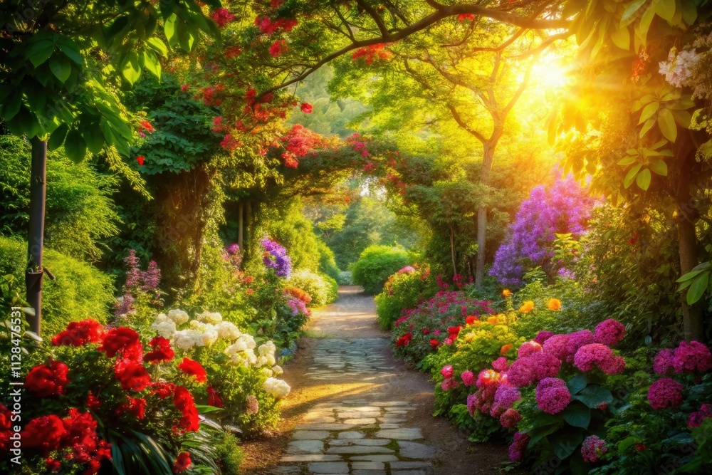 Serene garden path: lush greenery, vibrant blooms, tranquil nature captured. Serene garden path: lush greenery, vibrant blooms, tranquil nature captured.