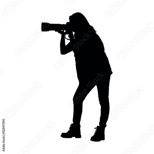 Female photographer holding dslr camera aiming side view black silhouette.