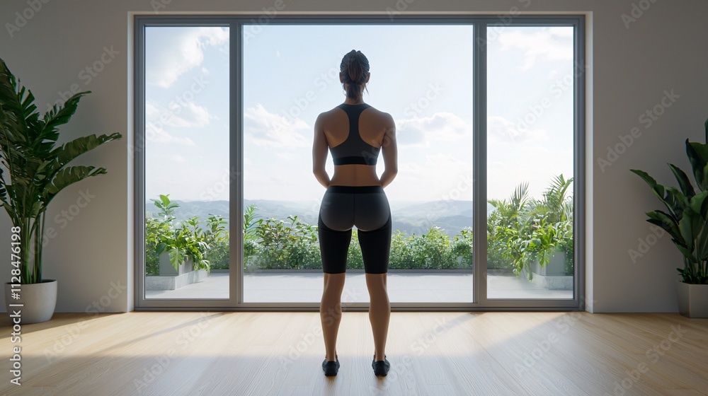Fototapeta premium Health wearables for fitness precision. A person standing indoors, admiring a scenic view through large windows.