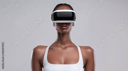 Health wearables for fitness precision. Virtual reality user wearing a headset, showcasing technology and innovation. photo