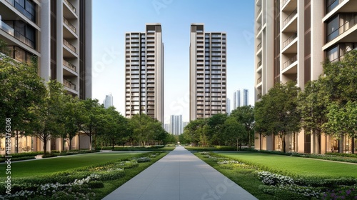 New residential buildings along a road in Vellore feature a blend of modern and traditional architecture with greenery and a large park. photo