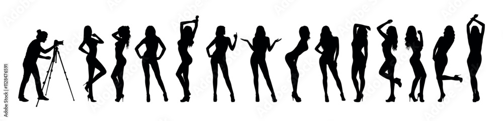 Female photographer with camera taking photos of group sexy female models standing in a row black silhouettes. Female photographer with camera taking photos of group sexy female models standing in a row black silhouettes.