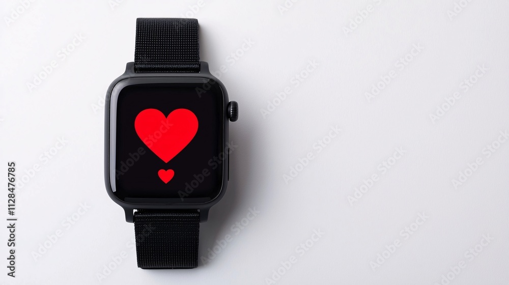 Health wearables for fitness precision. Smartwatch displaying a red heart symbol on a black strap. Health wearables for fitness precision. Smartwatch displaying a red heart symbol on a black strap.