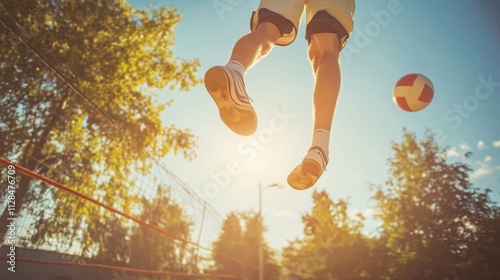 A volleyball player's feet jumping for a spike, outdoor setting with bright sunlight, Dynamic style photo