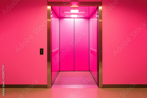 A pink elevator with a red exit sign. The pink walls and pink doors give the impression of a fun, playful environment