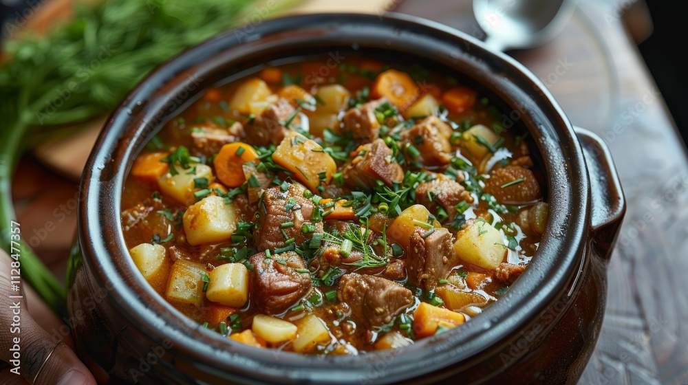 Hearty beef stew in a rustic bowl with potatoes, carrots, and herbs. Hearty beef stew in a rustic bowl with potatoes, carrots, and herbs.