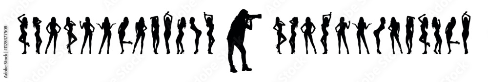 Female photographer with group sexy women models pose standing in row as background black silhouettes. Female photographer with group sexy women models pose standing in row as background black silhouettes.