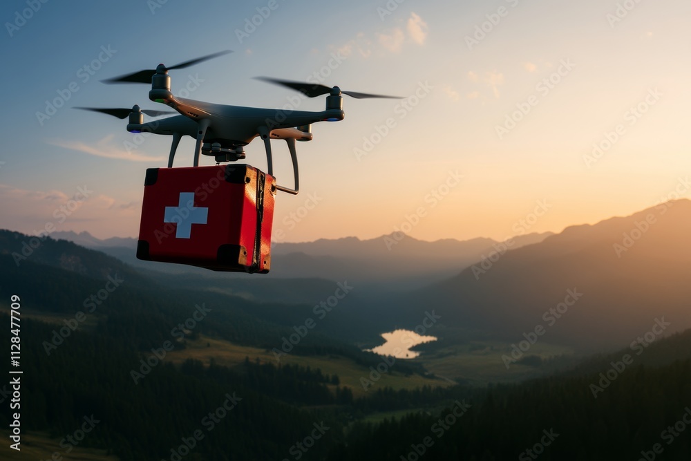 Drone delivering medical supplies over scenic mountain landscape at sunset Drone delivering medical supplies over scenic mountain landscape at sunset