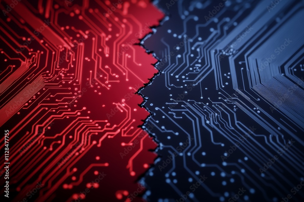 Red and blue circuit board patterns intersecting on a tech background Red and blue circuit board patterns intersecting on a tech background