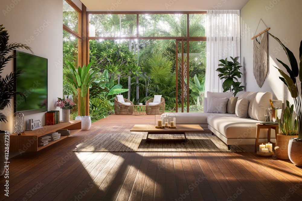 Modern contemporary living room with wooden terrace and garden view background 3d render Modern contemporary living room with wooden terrace and garden view background 3d render