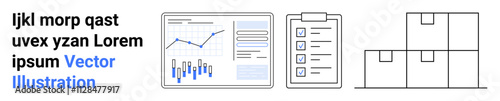 Laptop displaying graph, clipboard with checklist, stacked boxes. Ideal for business analytics, inventory, logistics, efficiency, planning, data visualization, supply chain management. Landing page