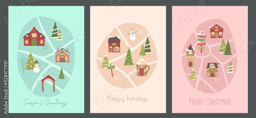 Collection of Winter Christmas north pole Santa village map vector illustration layout