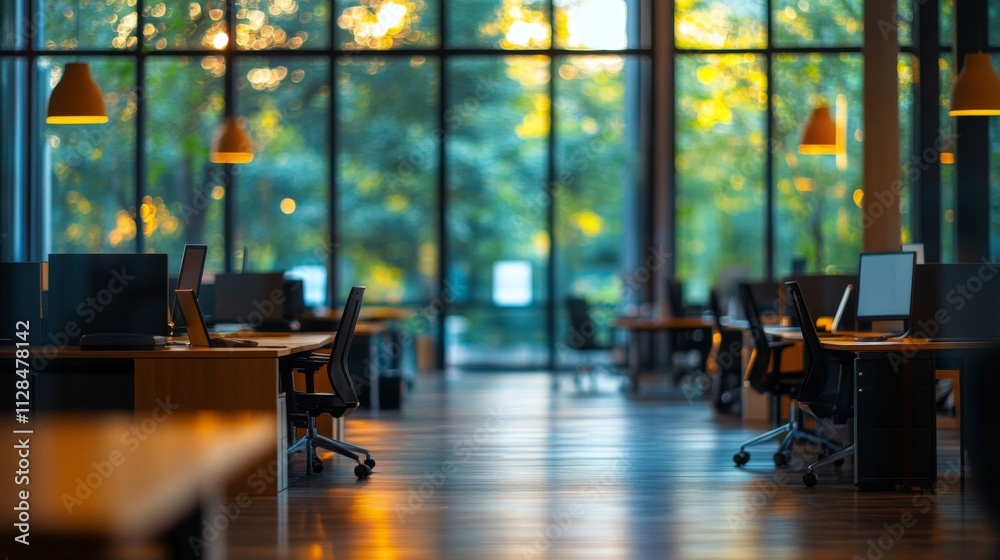 Empty modern office space with large windows and soft lighting