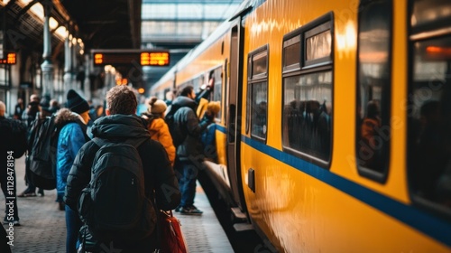 Passengers boarding a train at a busy station platform.