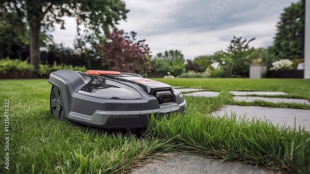 A robotic lawn mower cutting grass in a lush green backyard, symbolizing modern gardening and automation A robotic lawn mower cutting grass in a lush green backyard, symbolizing modern gardening and automation