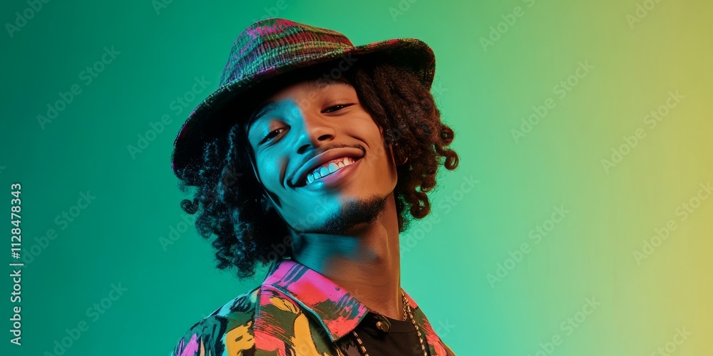 Man with a smile showcases fashion and style accessories, featuring a curly hairstyle. This hipster dance portrait embraces a teen lifestyle against a vibrant green background and mixed neon light, Man with a smile showcases fashion and style accessories, featuring a curly hairstyle. This hipster dance portrait embraces a teen lifestyle against a vibrant green background and mixed neon light,