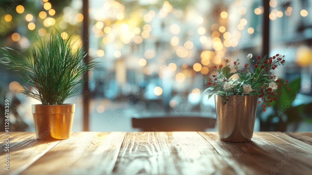 Plants in pots on wooden table near window Plants in pots on wooden table near window