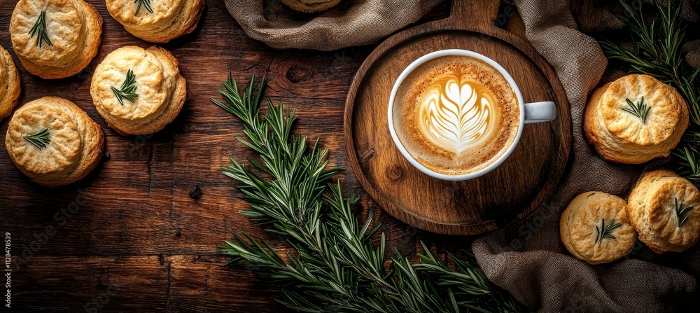 Overhead View of Savory Rosemary Scones and Elegant Latte Art on a Rustic Wooden Table Overhead View of Savory Rosemary Scones and Elegant Latte Art on a Rustic Wooden Table