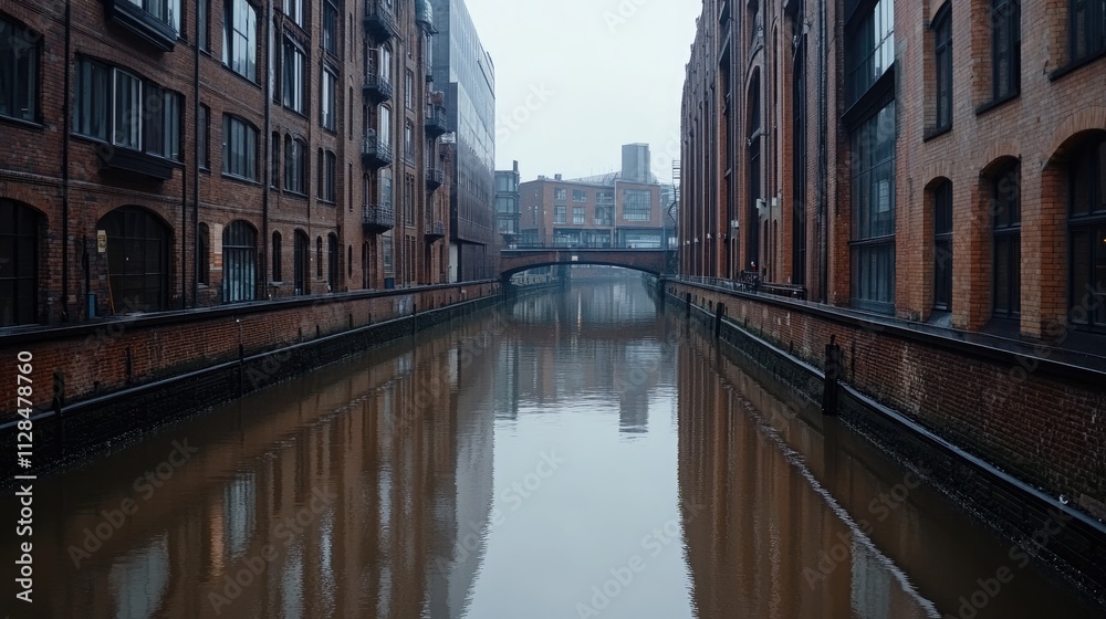 Fototapeta premium Spiegelkanal Mirror Canal in Hamburg features calm brown waters with buildings lining both sides under a cloudy sky