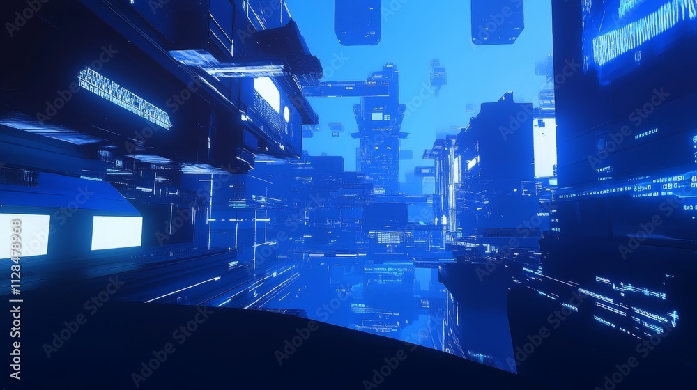 Obraz premium Abstract future city building tech background. Blue digital smart futuristic cityscape concept. Innovation and data hologram for virtual reality. Cyber metaverse network bg. Urban business energy