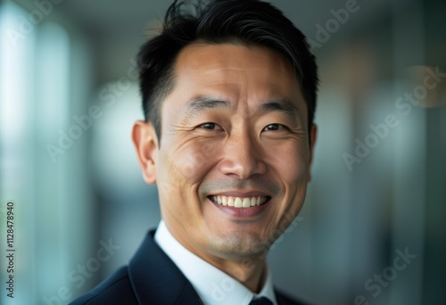 A businessman with a warm smile in a professional setting.