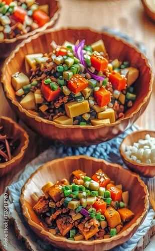 A colorful bowl of candy with a mix of fresh vegetables and grains photo