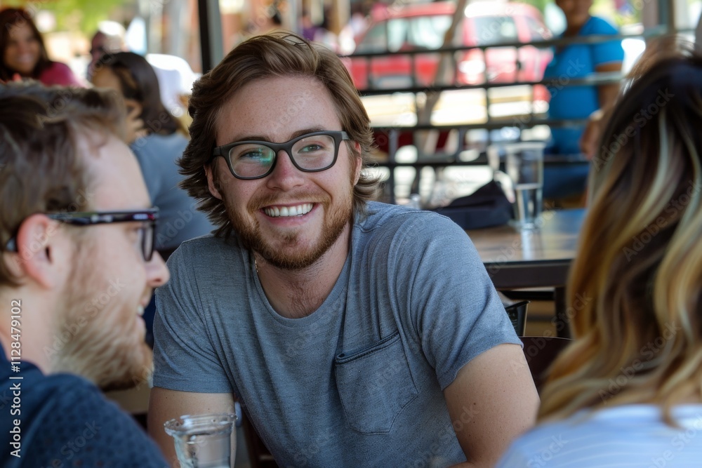 Caucasian man smiling and looking at camera while sitting in a restaurant Caucasian man smiling and looking at camera while sitting in a restaurant