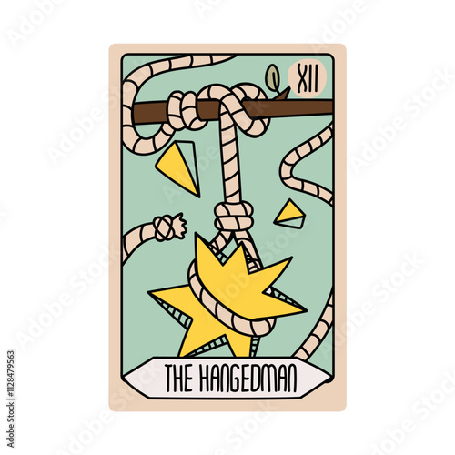 Tarot card is Senior Arcane the hanged man. Vector hand-drawn deck. Vintage style with engraving. Occult and alchemical symbolism. isolated illustration of bright oracle. mysticism, magic, psychology