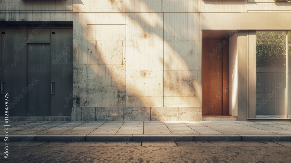 Parisian street, modern minimalist architecture, full wall with windows and doors, warm sunlight, tranquil urban scene, no people present.