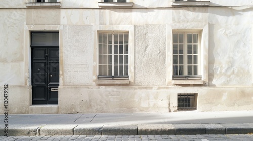 Obraz na płótnie Parisian street, modern minimalist architecture, wall with windows and doors, sunny afternoon, peaceful and tranquil, no people around. w salonie