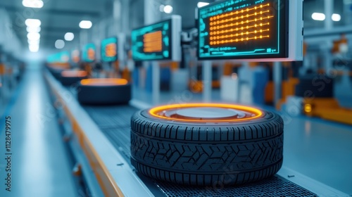 An automated tire manufacturing facility with high-tech displays, showcasing tires moving along a conveyor belt in an industrial environment.
