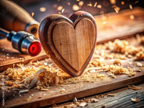 Craft a heart-shaped wood masterpiece using a rotary tool; architectural photography reveals DIY charm. photo