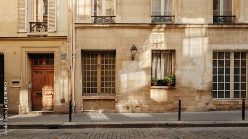 Parisian street, modern minimalist design, facing a wall with windows and doors, warm sunlight, peaceful urban environment, no people present.