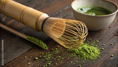 A closeup of a bamboo whisk its slender prongs splayed open revealing a rich verdant matcha concoction as it furiously stirs sending tiny bubbles erupting to the surface